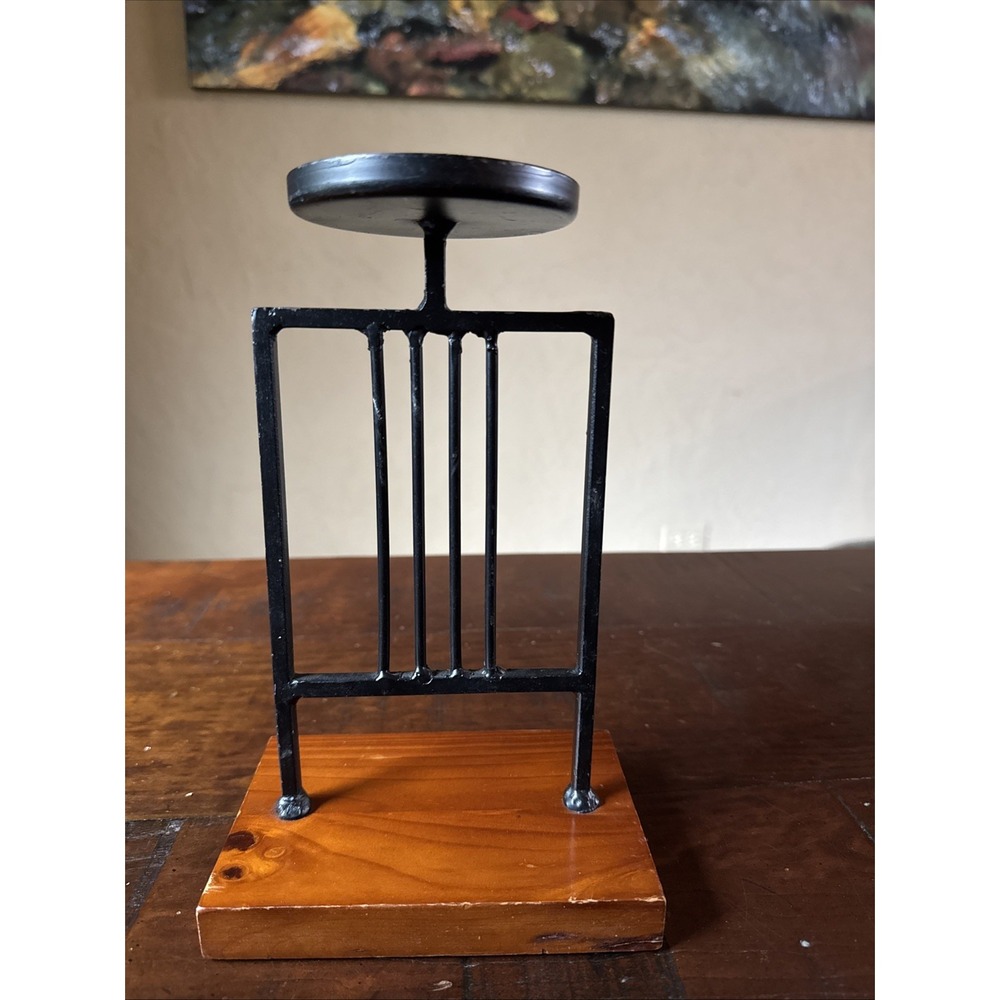 Pier 1 Pillar Candle Holder Stand Iron & Wood Arts & Crafts Style 9"